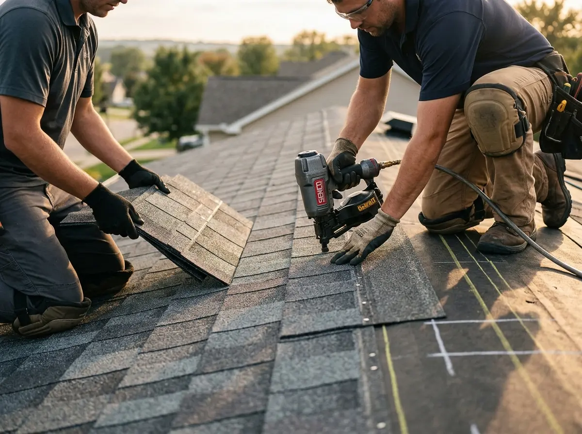 Professional roofer working on a residential roof in Orange City